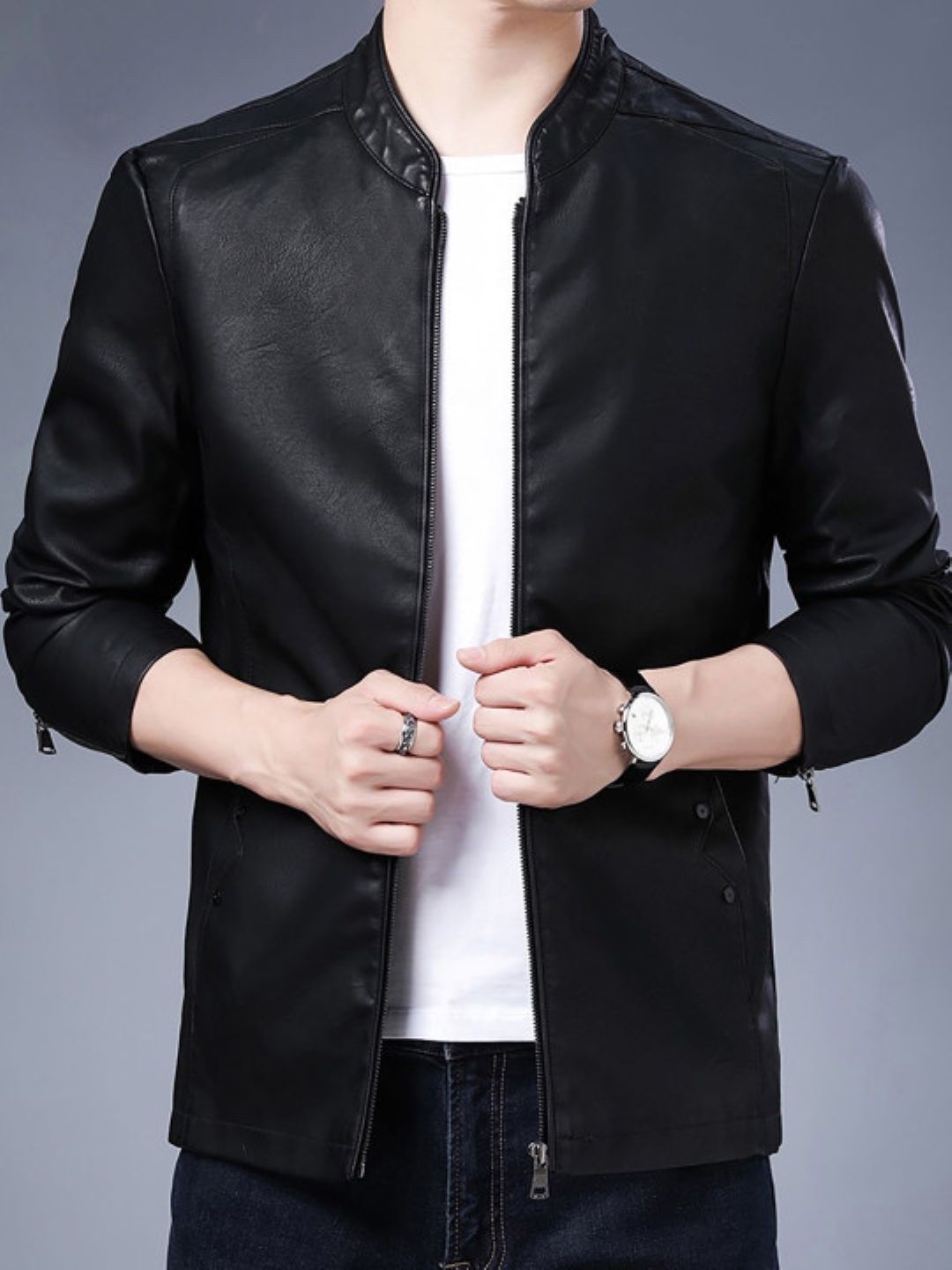 KPOP Men Stand Collar Solid Lightweight Open Front Jacket