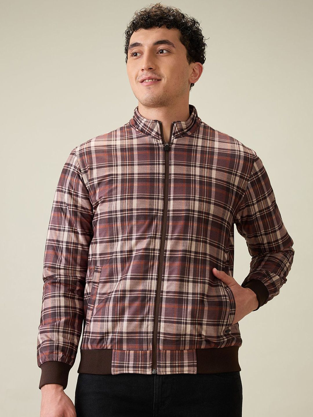 Parx Men Mock Collar Checked Bomber Jacket
