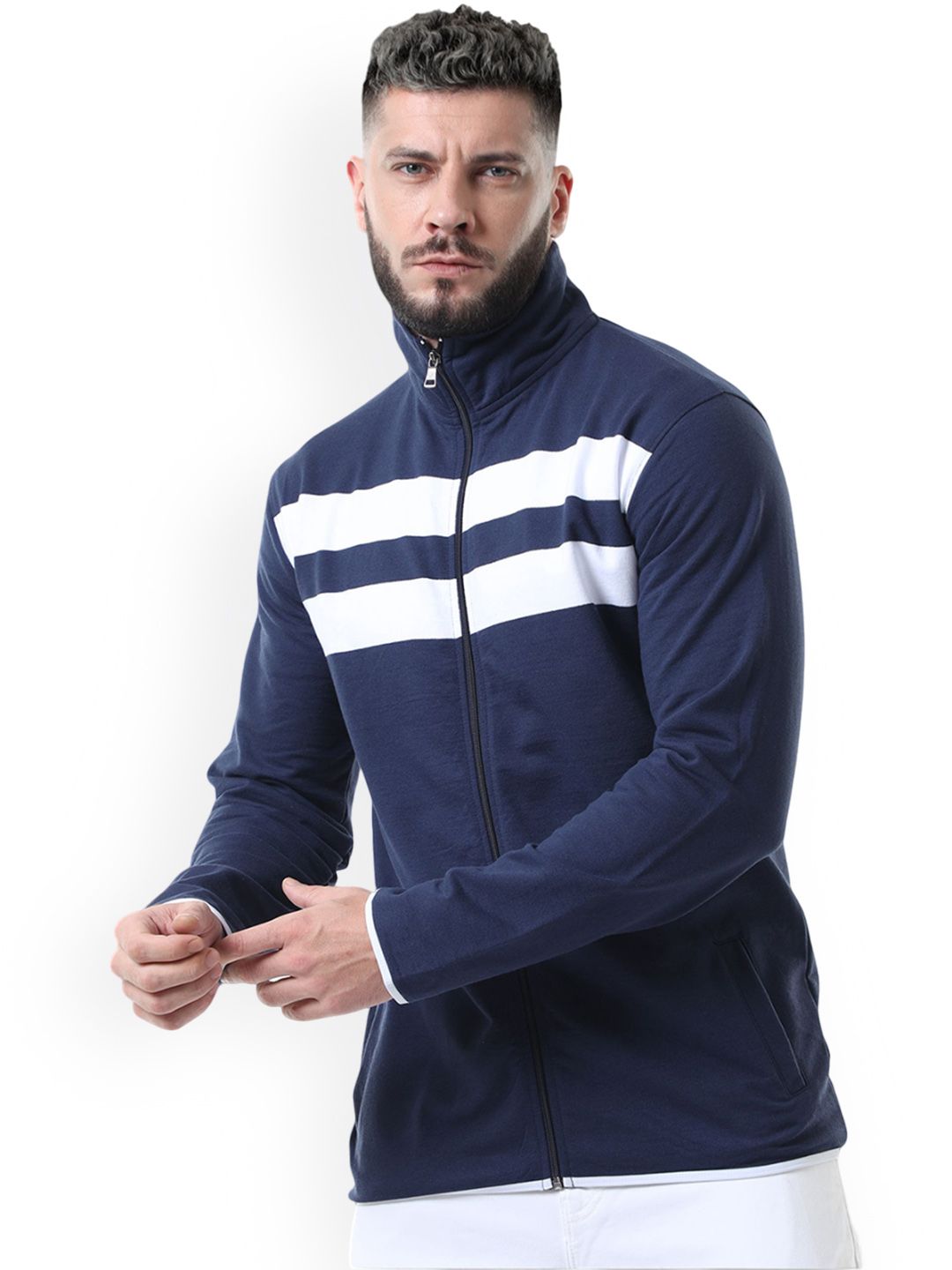 fanideaz Men Mock Collar Striped Open Front Jacket