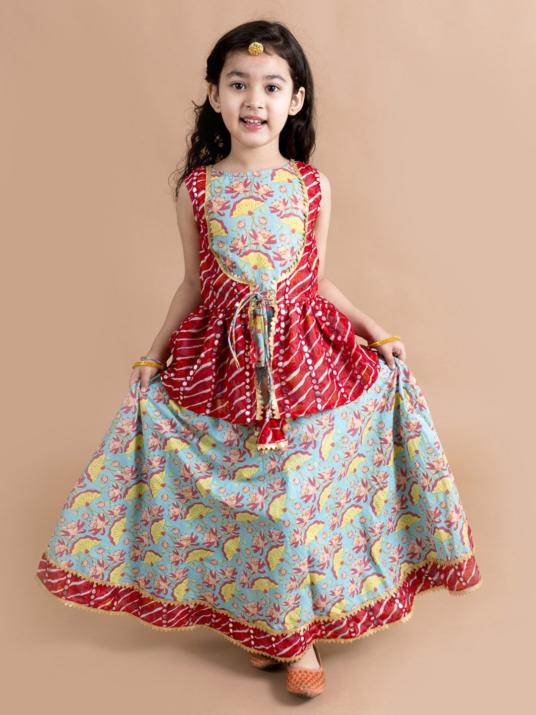 Pspeaches Girls Blue And Red Lotus Cotton Lehenga Choli Set
