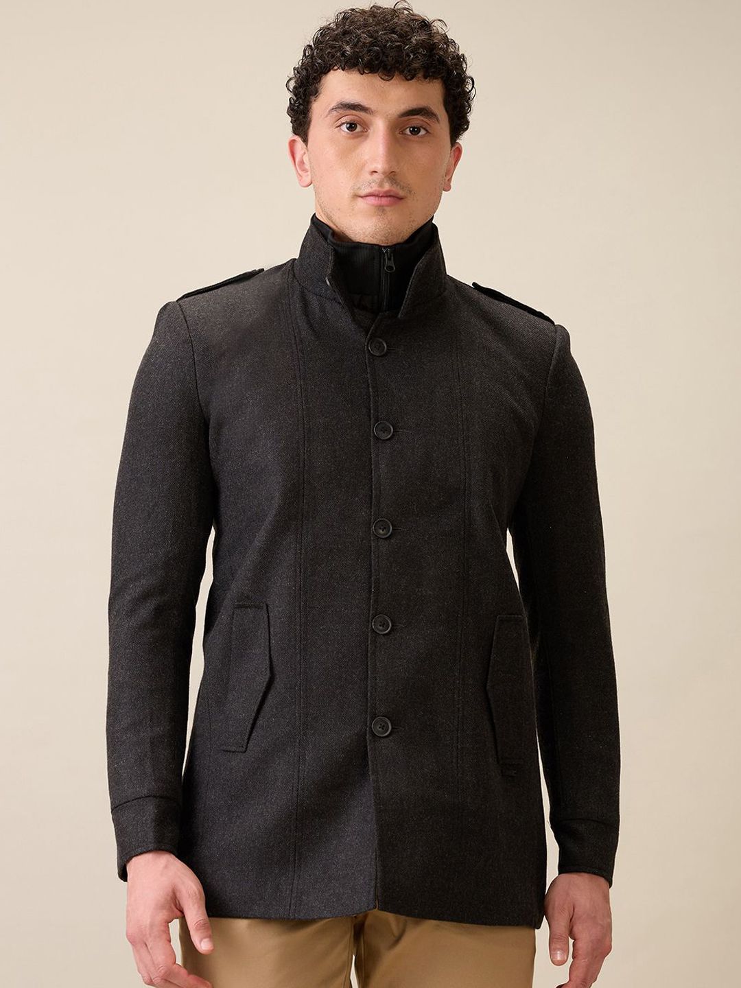 Parx Men Mock Collar Solid Tailored Jacket