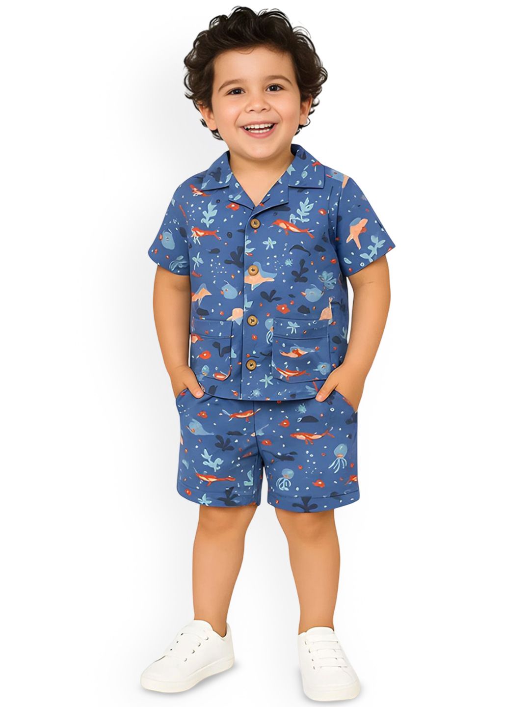 Ohmybebe Boys Graphic Printed Shirt Collar Organic Cotton Shirt With Shorts