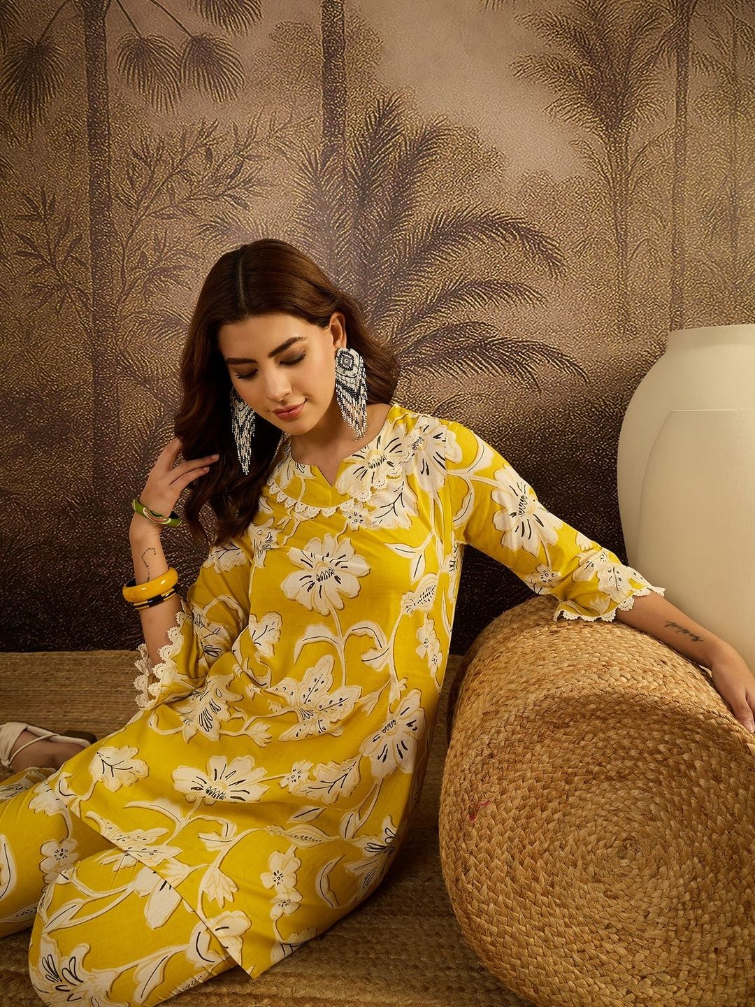 Sangria Women Floral Printed Pure Cotton Tunic and Trousers Co-Ords
