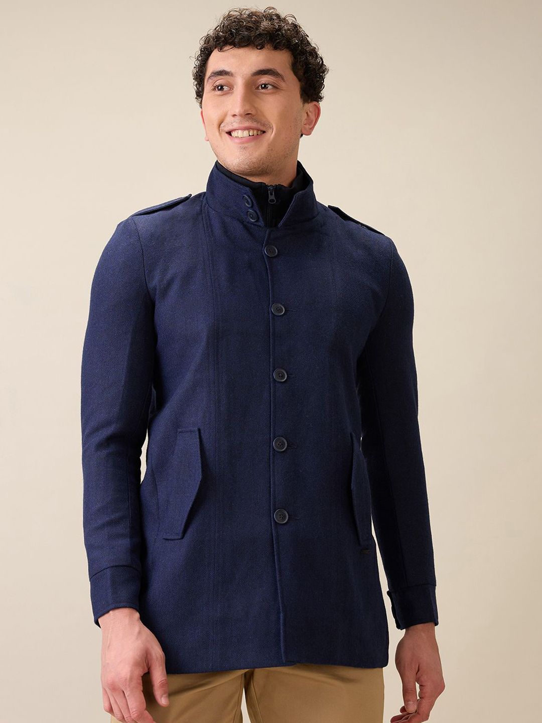 Parx Men Mock Collar Solid Tailored Jacket