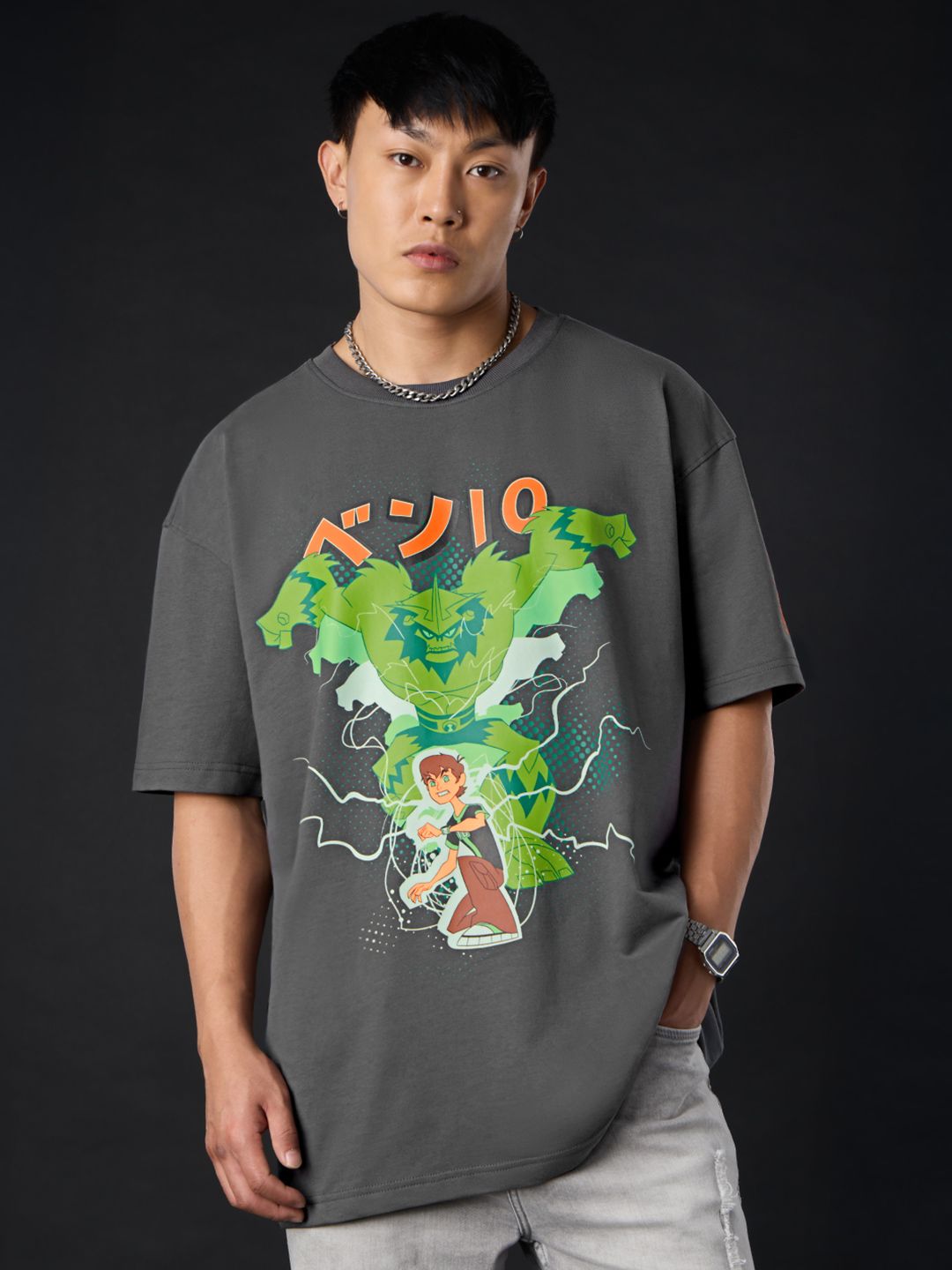 The Souled Store Men Oversized Ben 10 Charcoal Tshirts