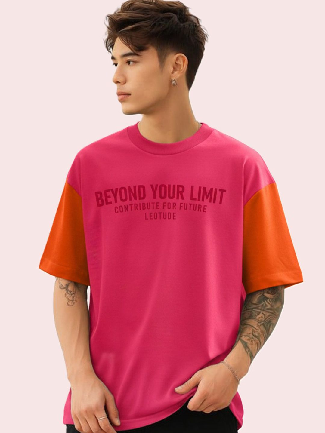 Leotude Typography Colourblocked Round Neck Cotton Oversized T-shirt