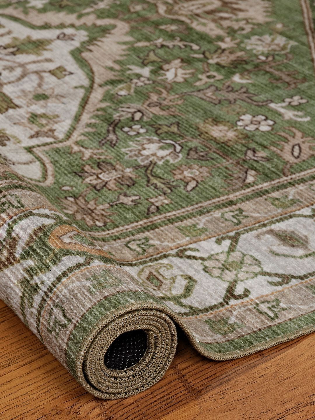 Buy Kaleen India Sea Green & Beige Traditional Printed Anti-Skid
