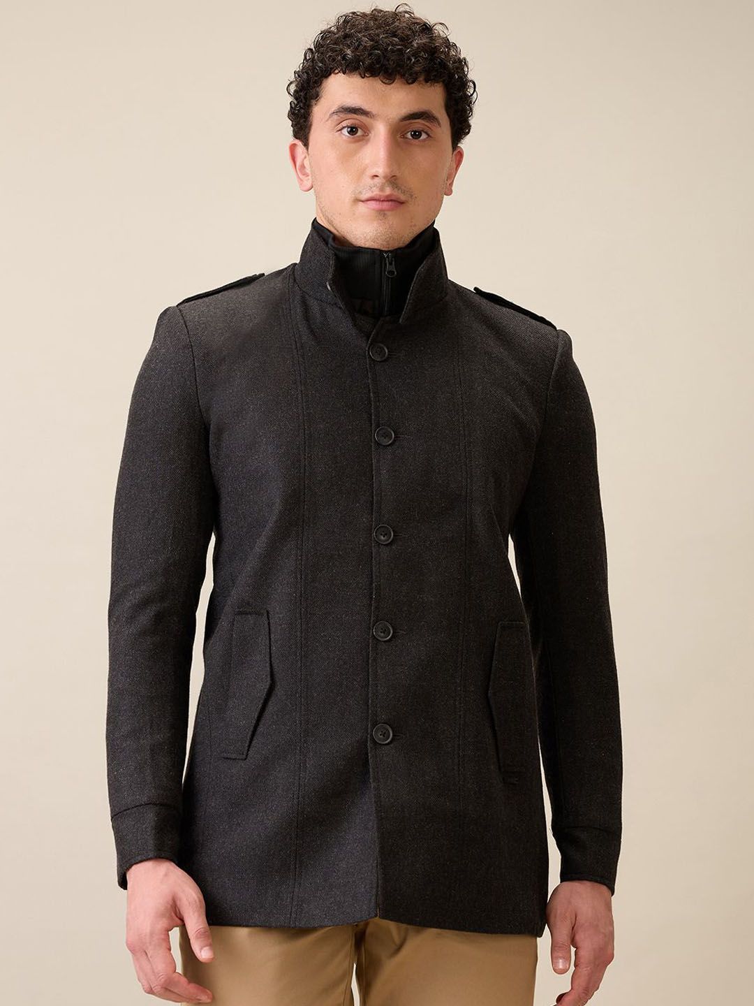 Parx Men Mock Collar Solid Tailored Jacket