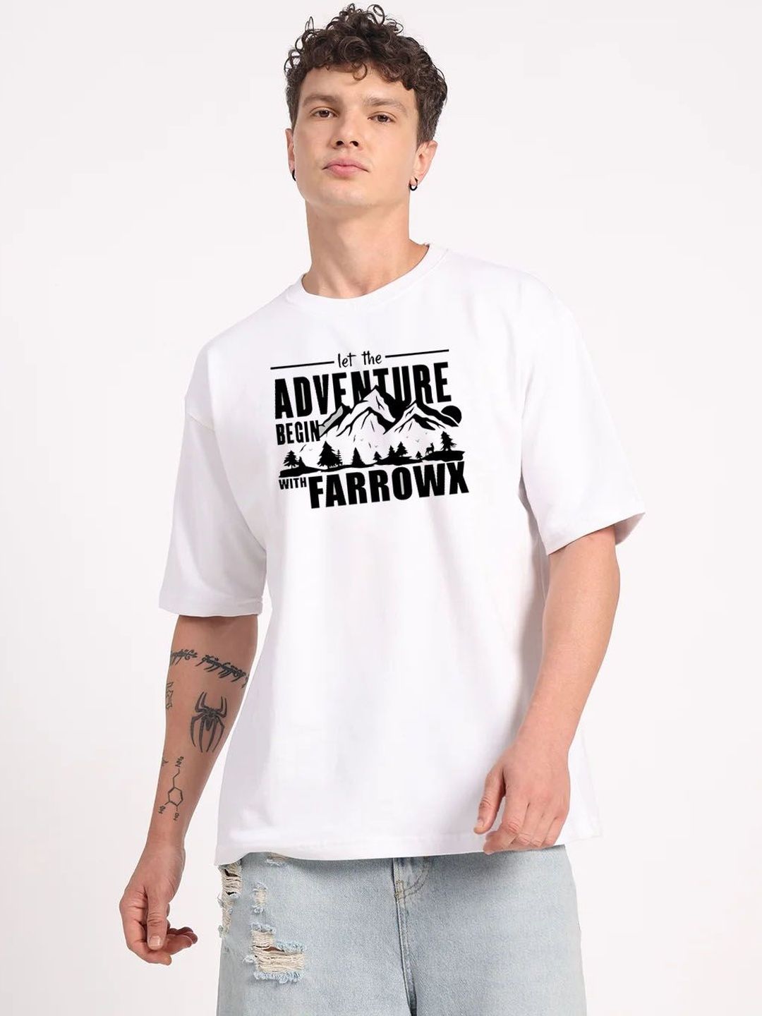 Moda Rapido White & Black Printed Drop-Shoulder Sleeves Pure Cotton T-shirt