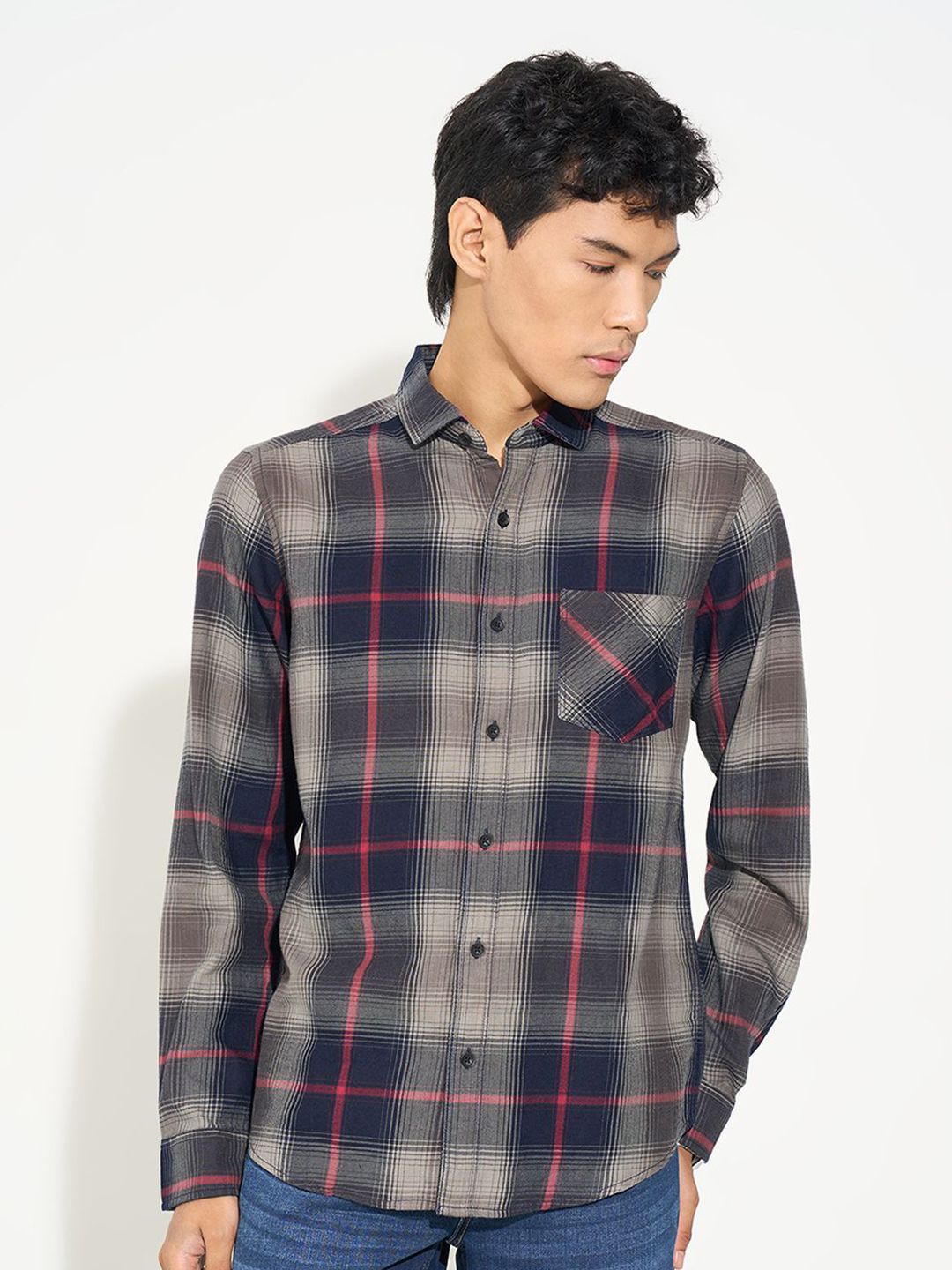 SF JEANS by Pantaloons Men Slim Fit Tartan Checked Spread Collar Pure Cotton Casual Shirt