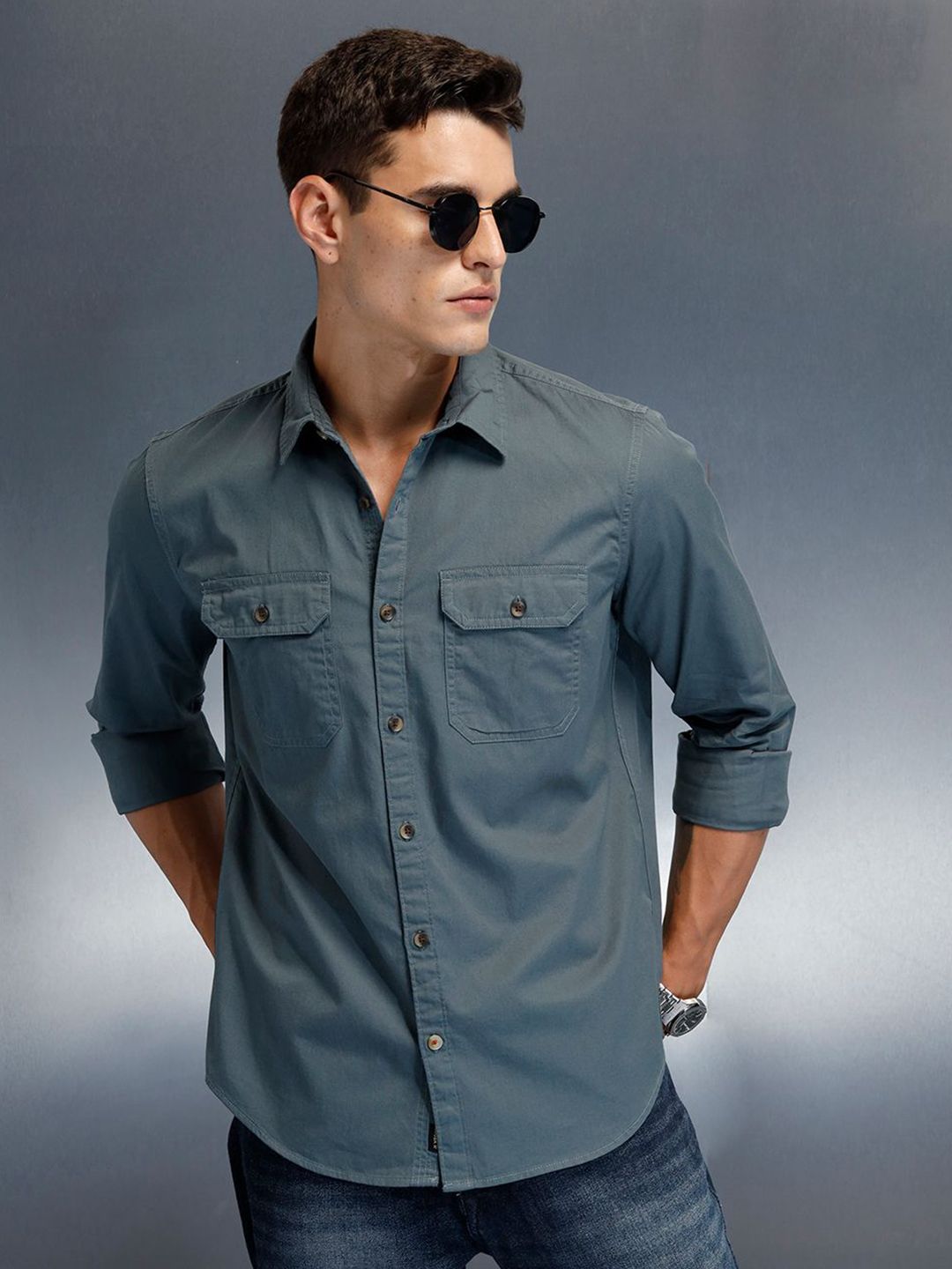 WROGN Men Slim Fit Solid Spread Collar Cotton Casual Shirt