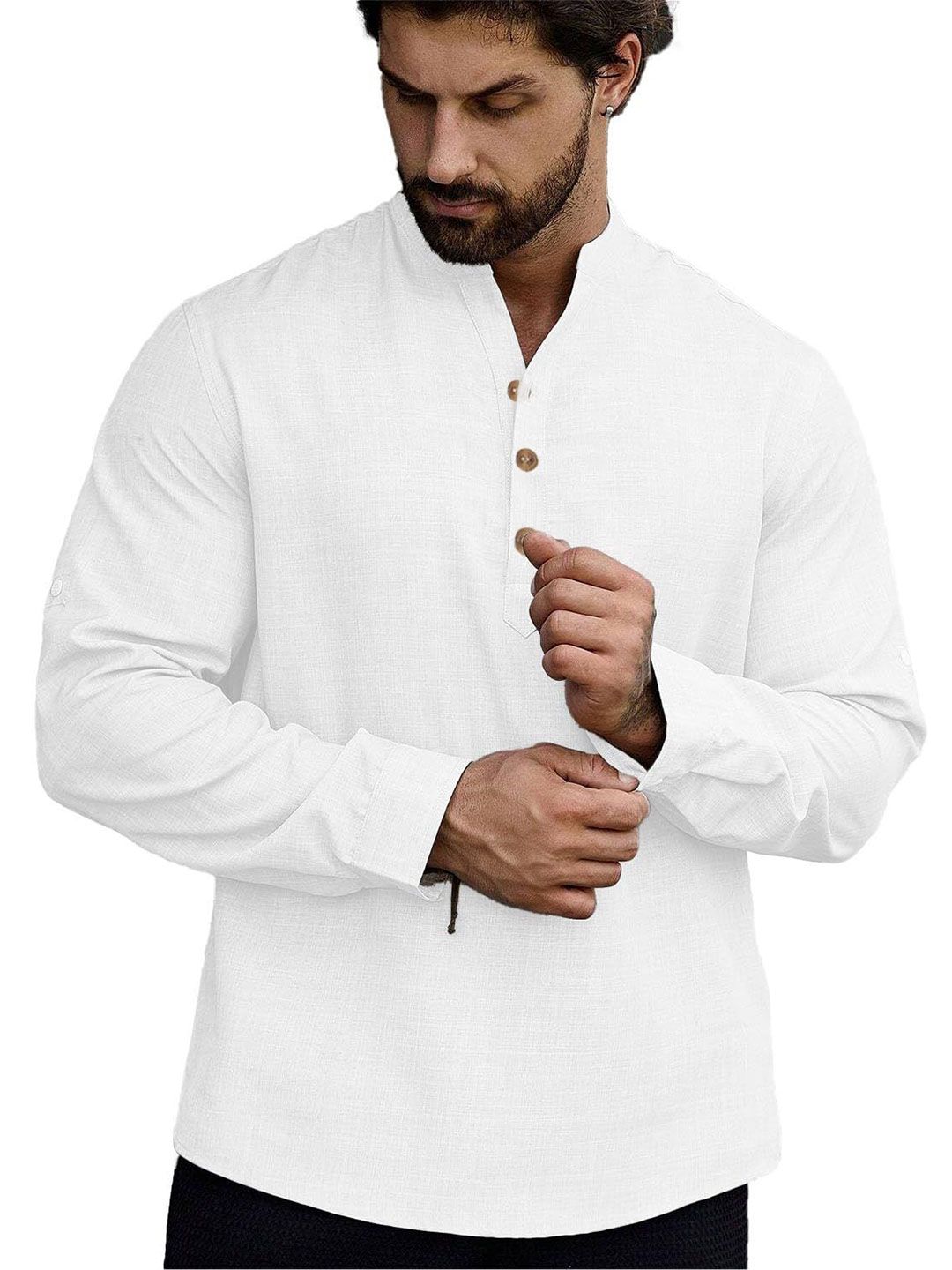 TrendiVastra Mandarin Collar Long Sleeves Roll-Up Sleeves Straight Cotton Kurta