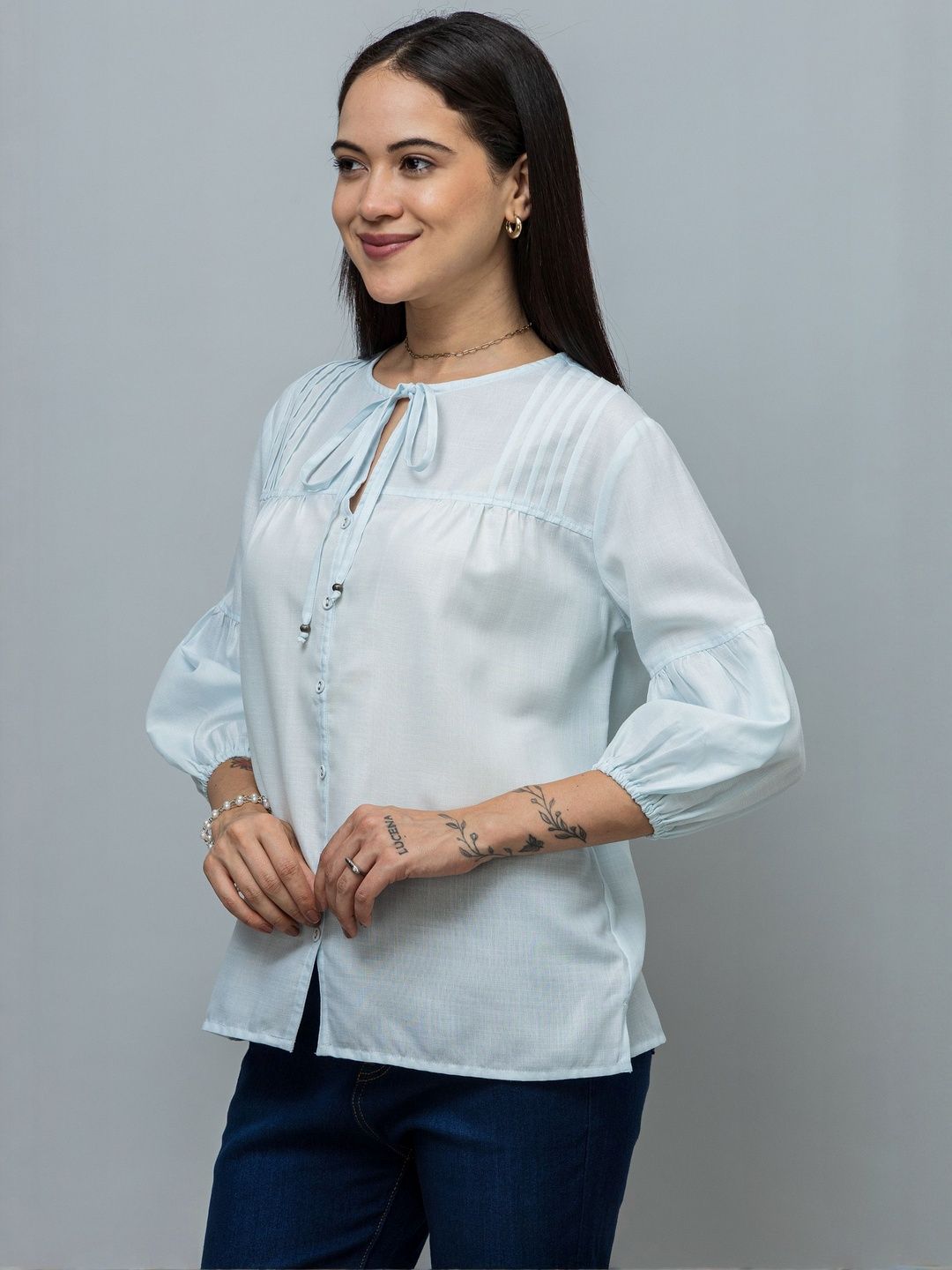 Buy PURYS WORKSPACE Tie-Up Neck Puff Sleeve Pintuck Shirt Linen