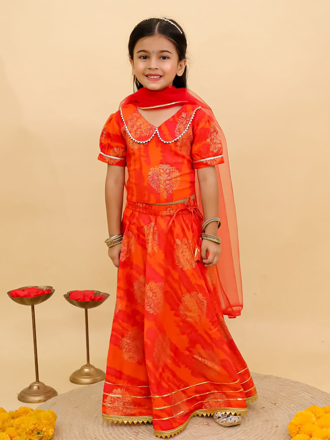UNBIND Girls Printed Ready To Wear Cotton Lehenga & Blouse With Dupatta