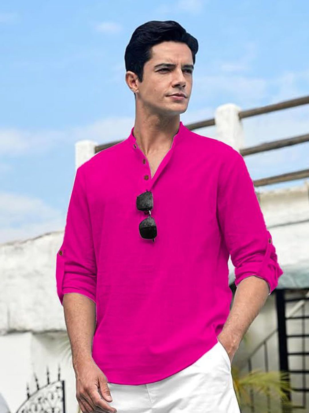 TrendiVastra Men Mandarin Collar Roll-Up Sleeves Kurta