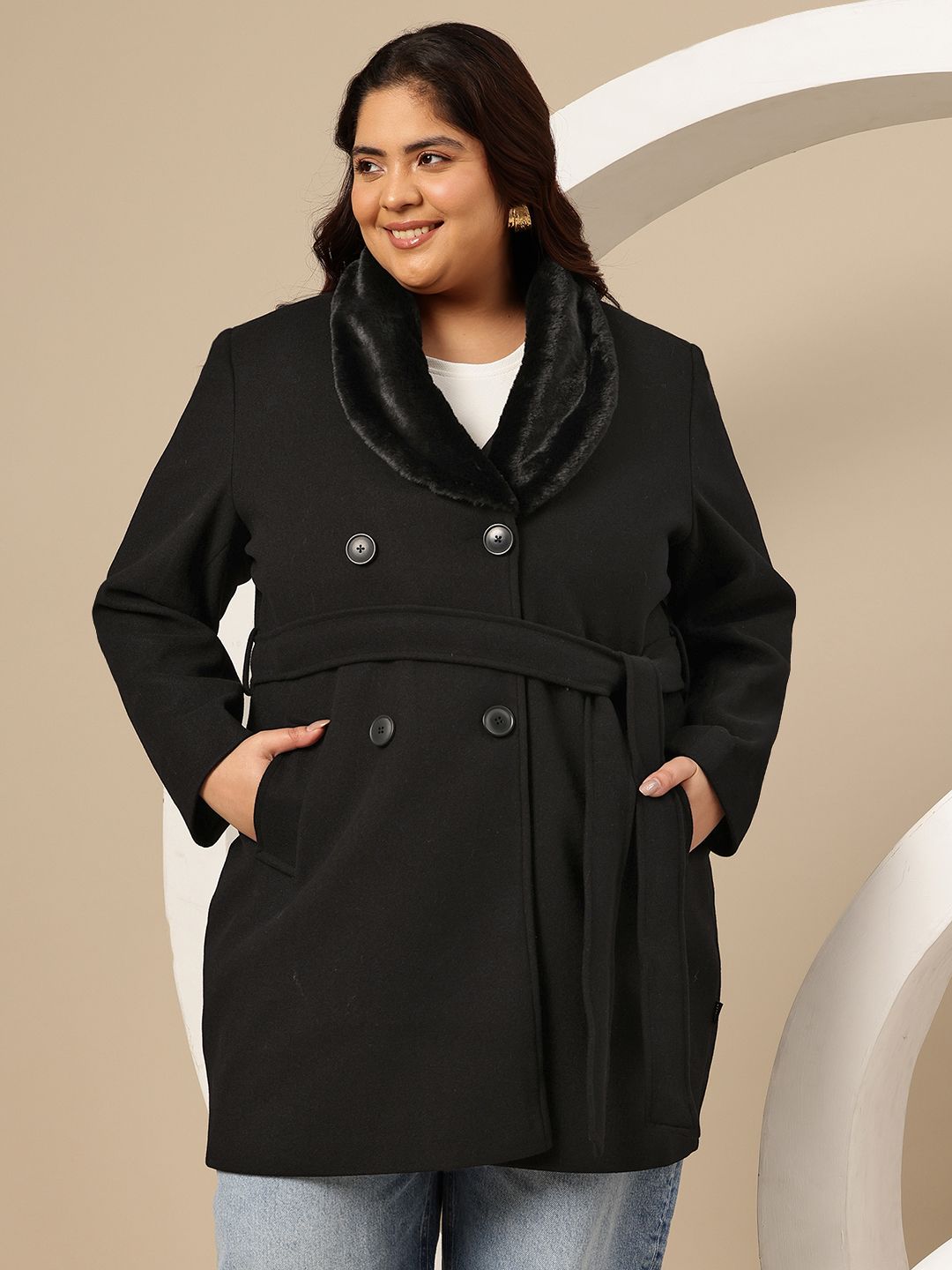 Buy Sztori Plus Size Shawl Collar Longline Overcoat with Belt