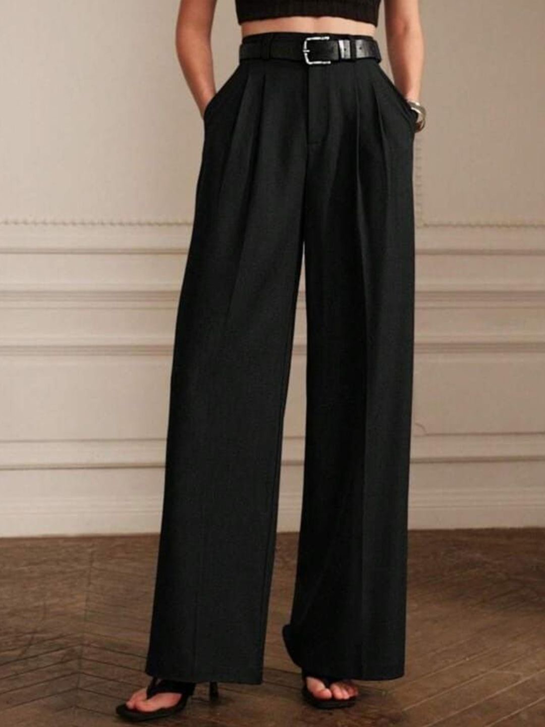 Next One Women Smart Loose Fit High-Rise Easy Wash Pleated Trousers