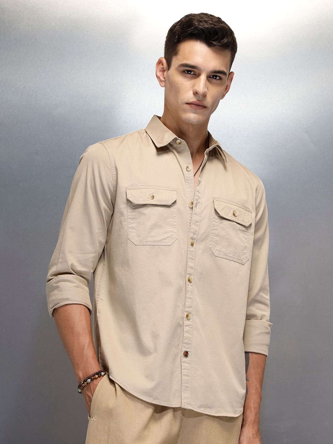 WROGN Men Slim Fit Solid Spread Collar Cotton Casual Shirt
