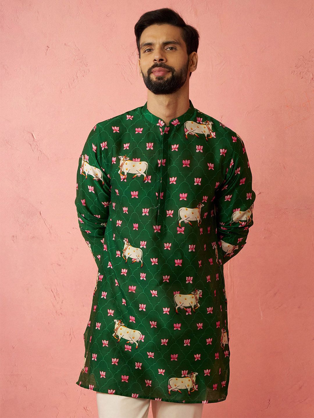 VASTRAMAY Men Digital Printed Band Collar Straight Kurta