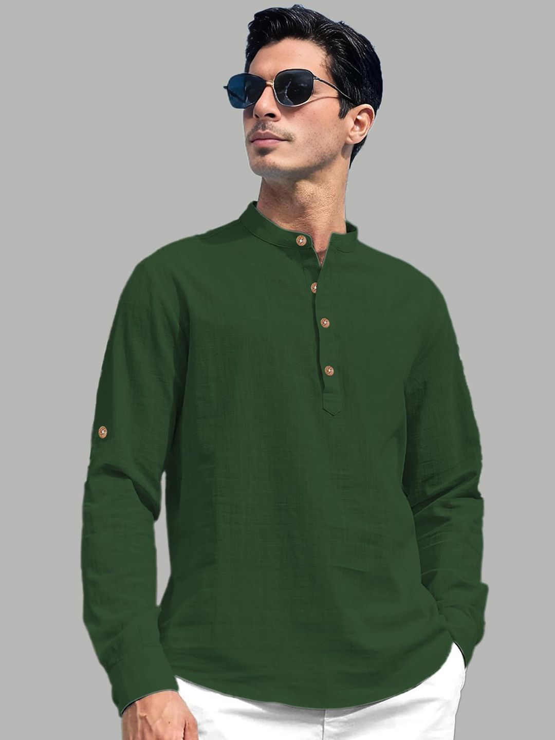 TrendiVastra Men Mandarin Collar Roll-Up Sleeves Short Straight Kurta