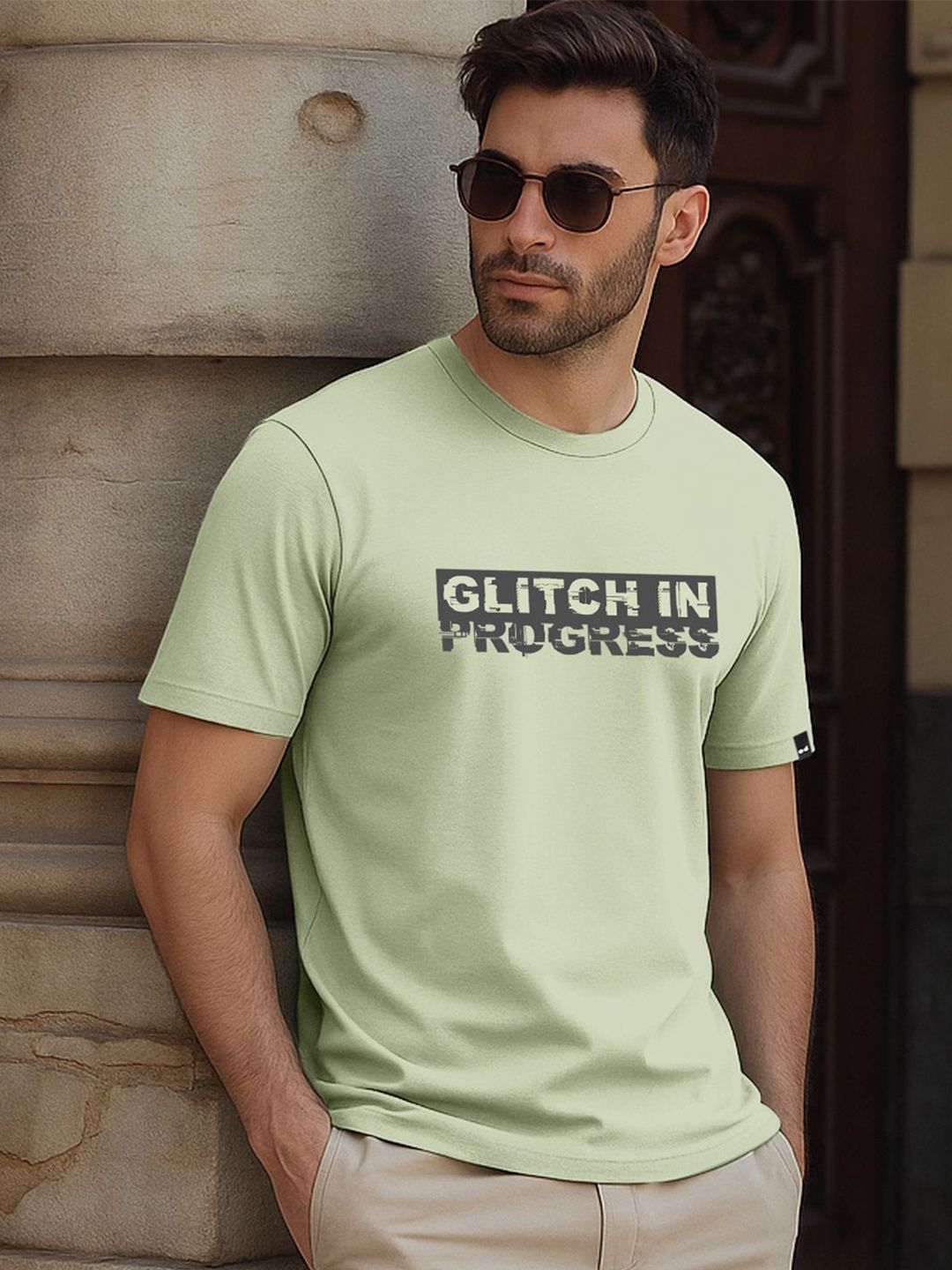 Bewakoof Men Fog Green Glitch Typography T-shirt