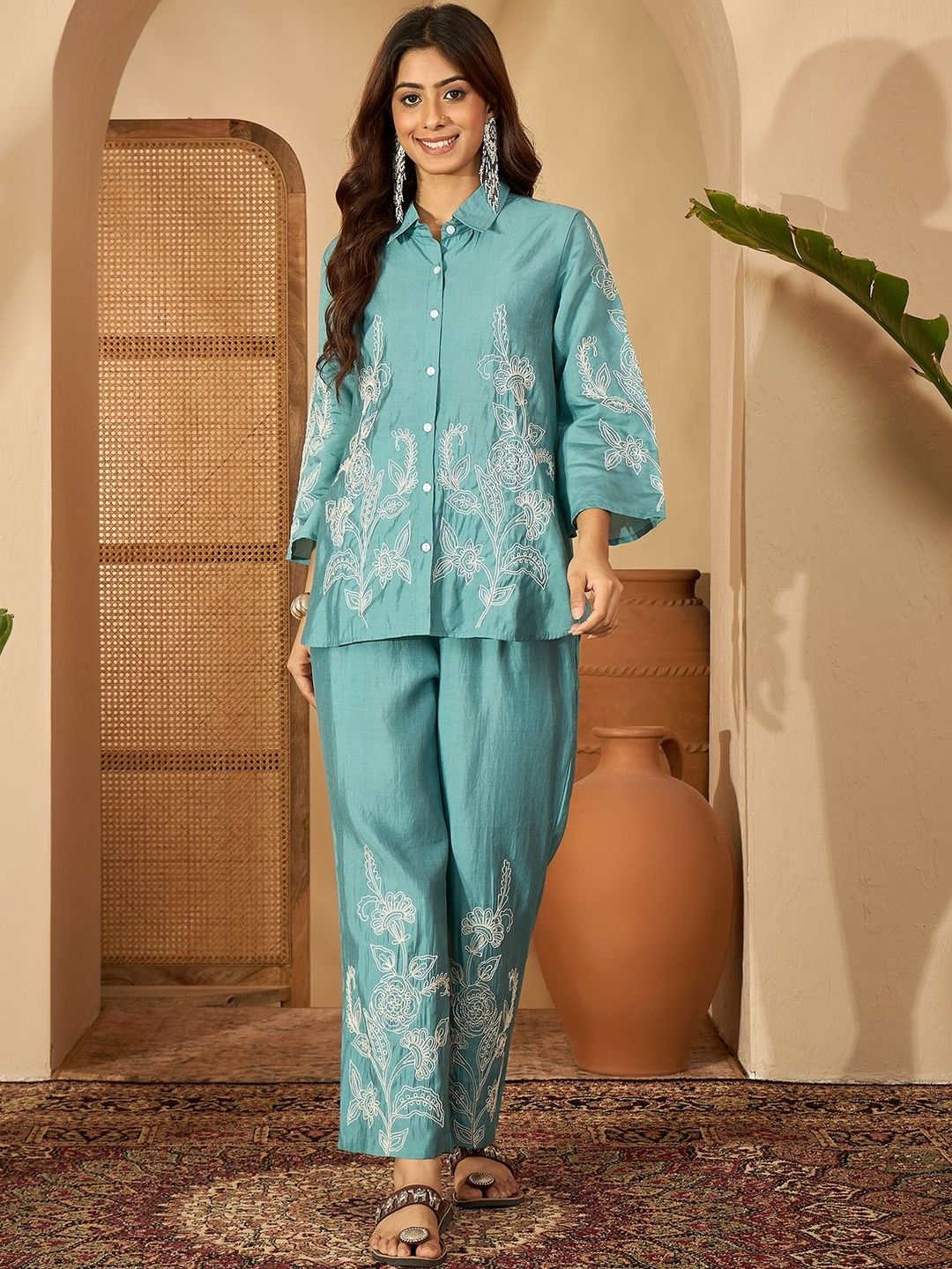 Sangria sea green silk dori embroidery coord set