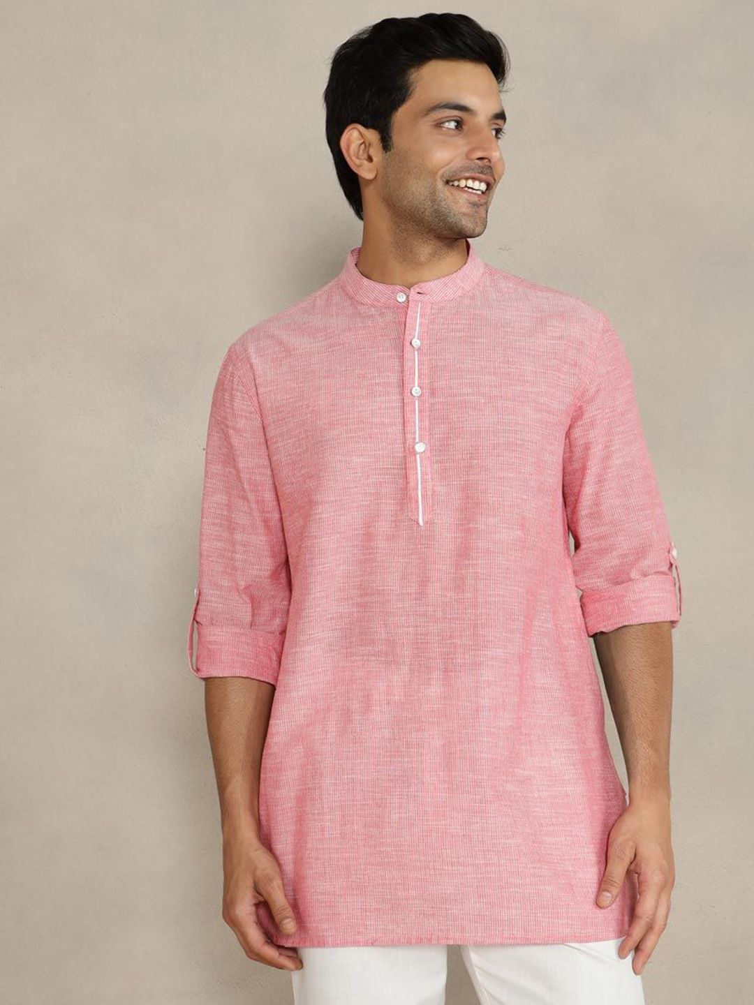 Fabindia Men Woven Design Mandarin Collar Roll-Up Sleeves Kurta