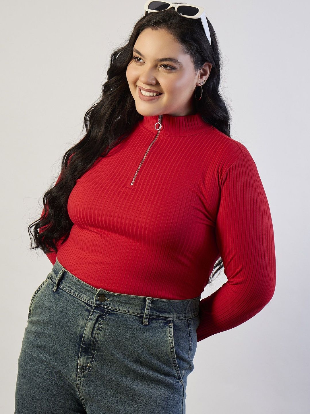 Buy SASSAFRAS Curve Plus Size Black Knitted Rib Front Zipper