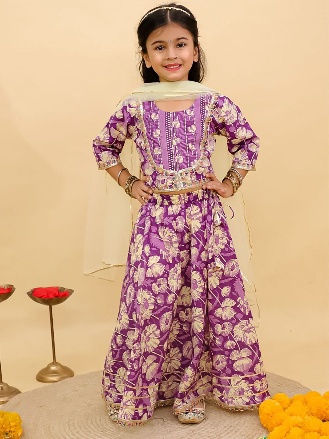 UNBIND Girls Printed Ready To Wear Cotton Lehenga & Blouse With Dupatta