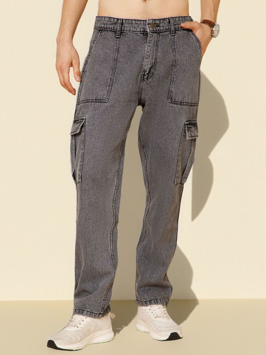 R.Code by The Roadster Life Co. Men Straight Fit Mid-Rise Light Fade Cargo Styles Jeans