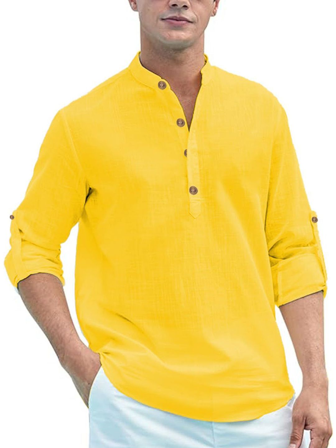 AMRIT TOP WEAR Men Mandarin Collar Roll-Up Sleeves Straight Kurta