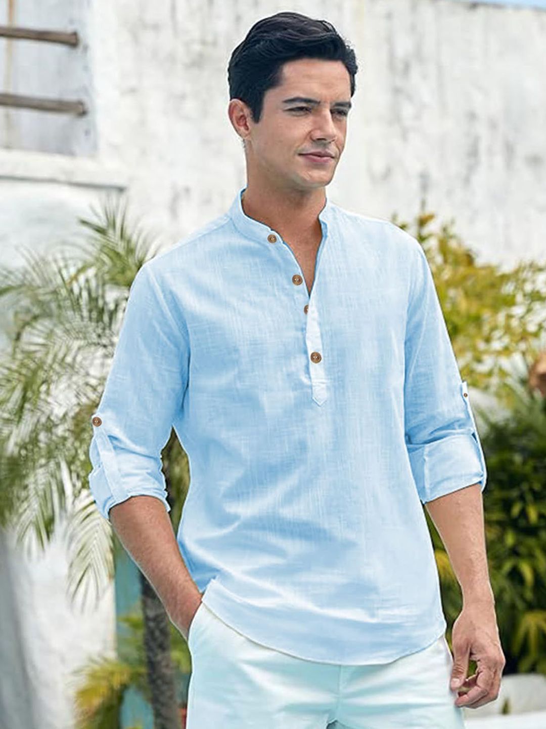 TrendiVastra Men Band Collar Roll-Up Sleeves Straight Short Kurta