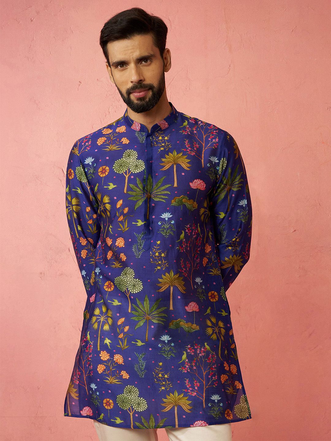 VASTRAMAY Floral Printed Thread Work Cotton Silk Mandarin Collar Straight Kurta