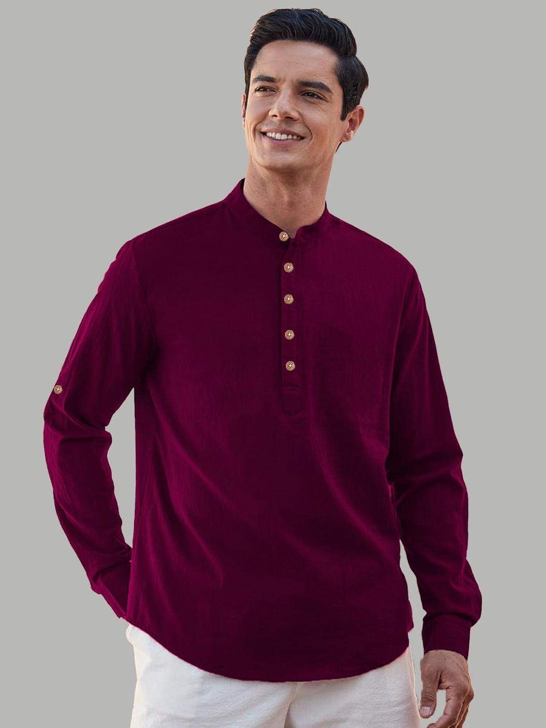 TrendiVastra Band Collar Roll-Up Sleeves Straight Kurta