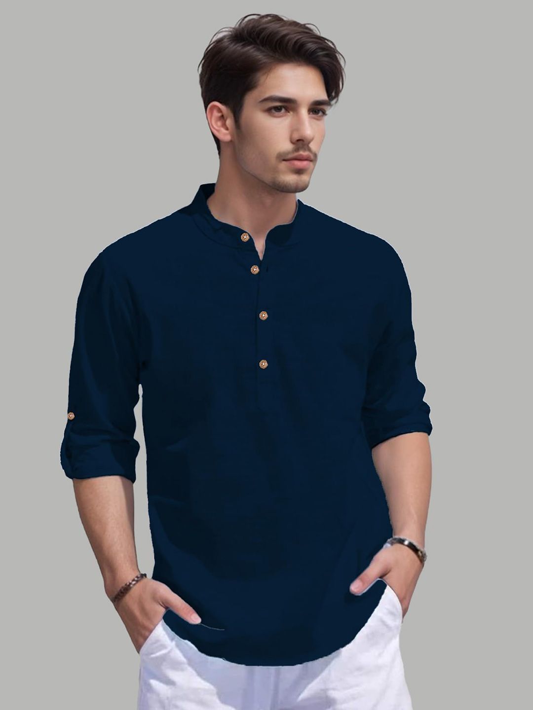 TrendiVastra Mandarin Collar Roll-Up Sleeves Straight Kurta