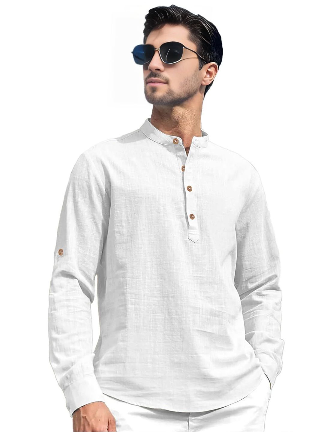 EdinWolf Mandarin Collar Long Sleeves Roll-Up Sleeves Cotton Straight Kurta