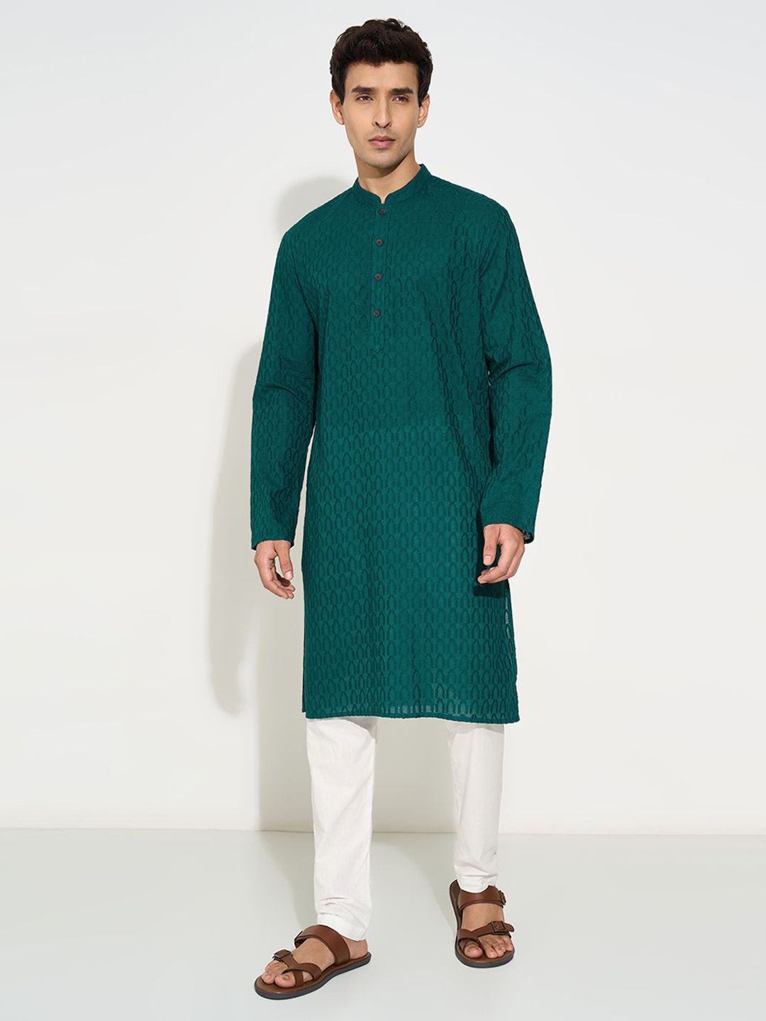 indus route by Pantaloons Men Woven Design Cotton Straight Kurta