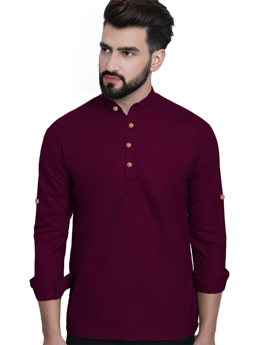 TrendiVastra Band Collar Roll-Up Sleeves Cotton Straight Short Kurta