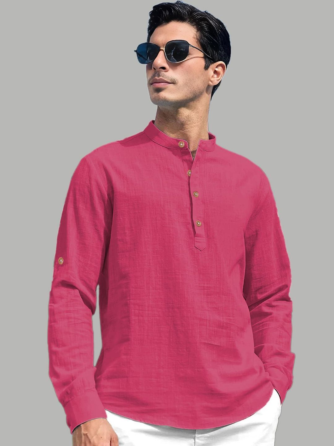 TrendiVastra Men Band Collar Roll-Up Sleeves Straight Short Kurta