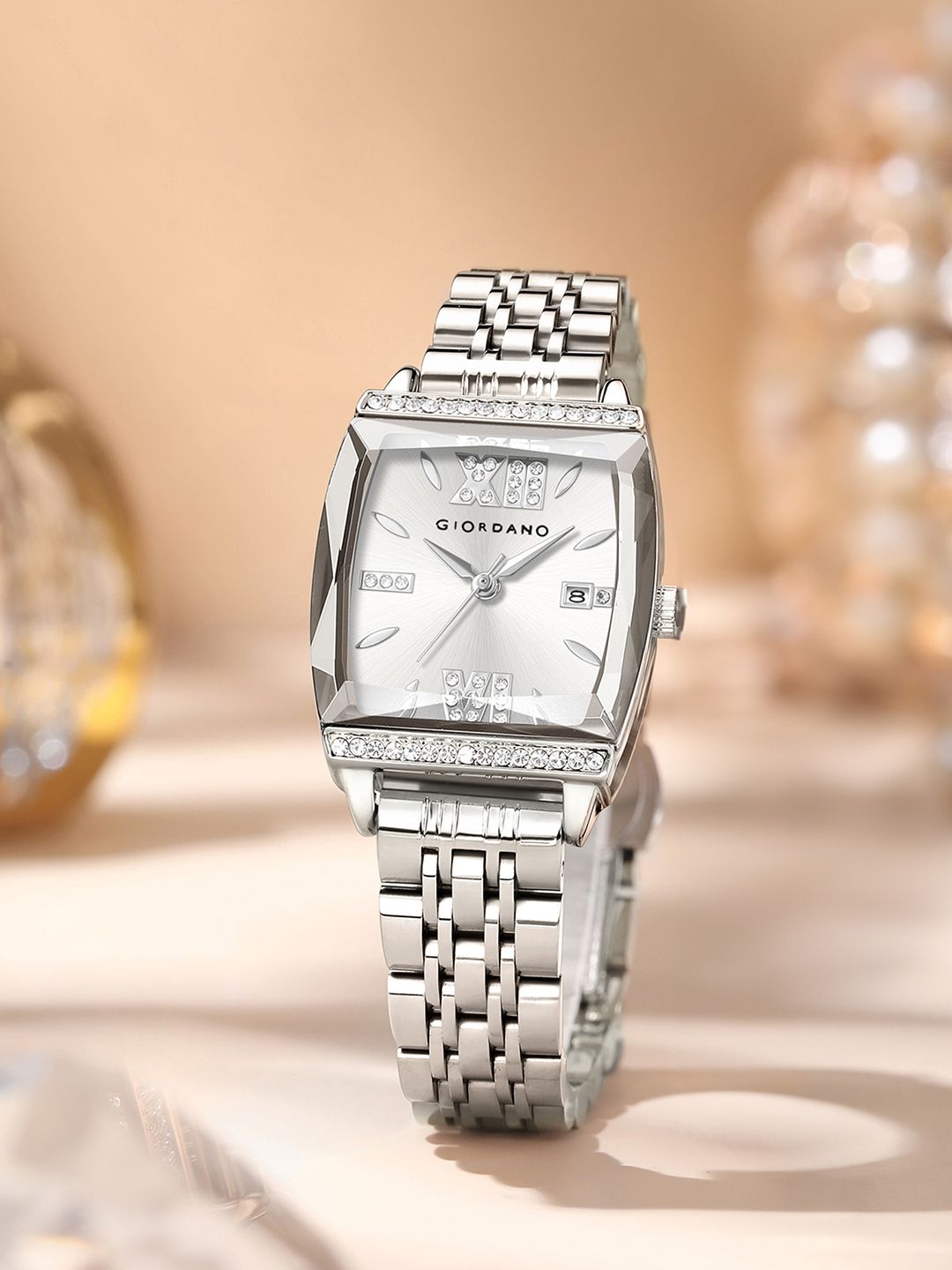 Giordano Analog Watch with for Women - Cut Glass Square Dial and Stainless Steel Strap