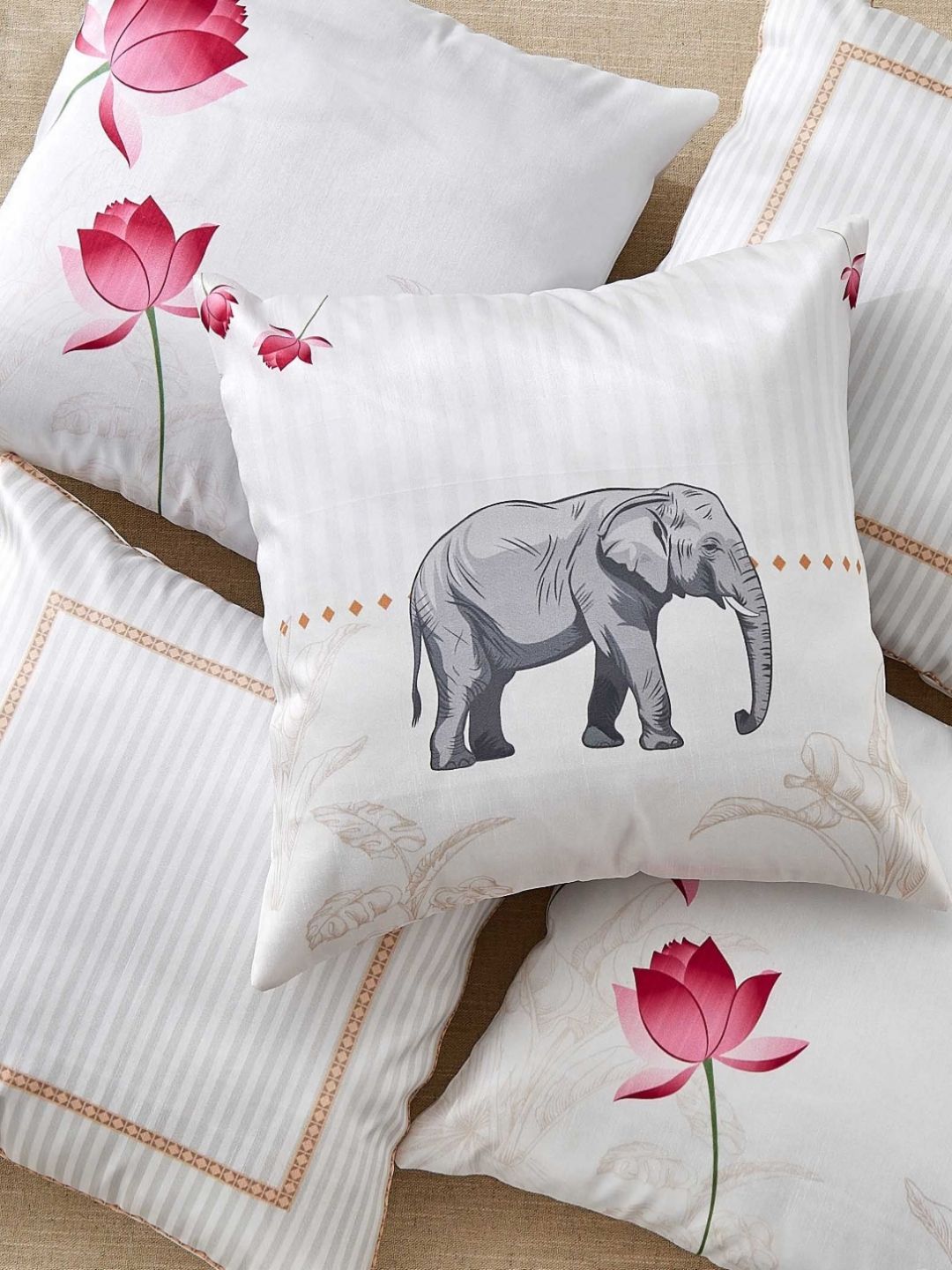Home Centre Home Centre Vera Off White & Grey 5 Pieces Elephant Printed Square Cushion Covers