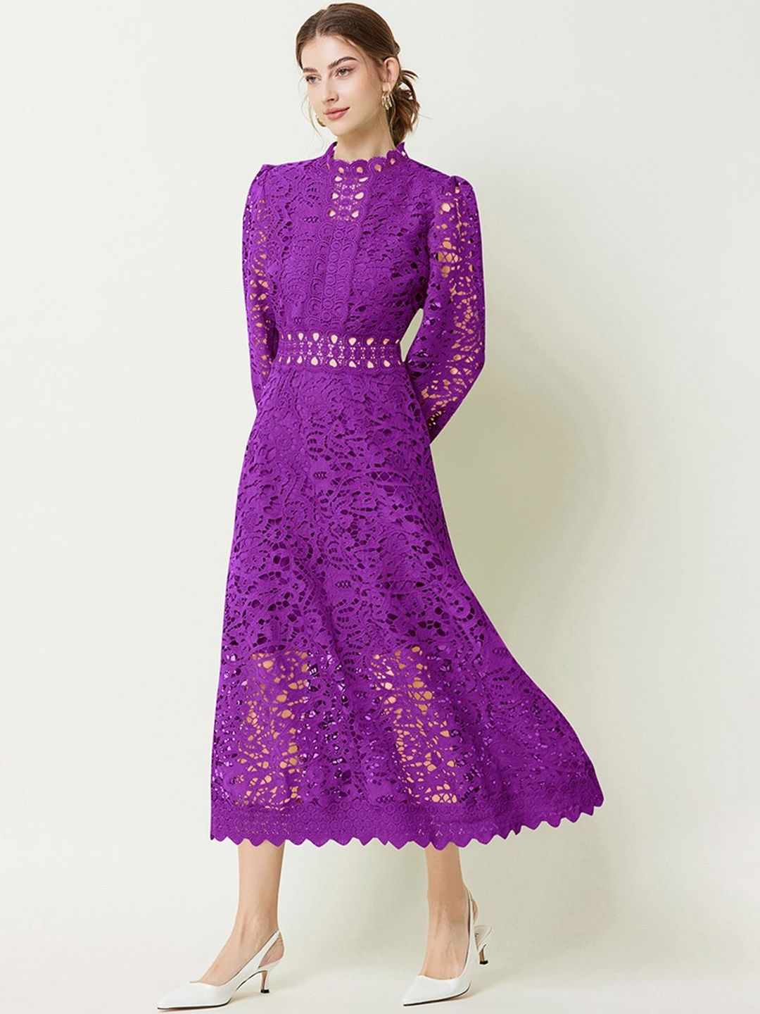 Buy JC Collection Women Floral Embroidered Lace Frills Mock Neck