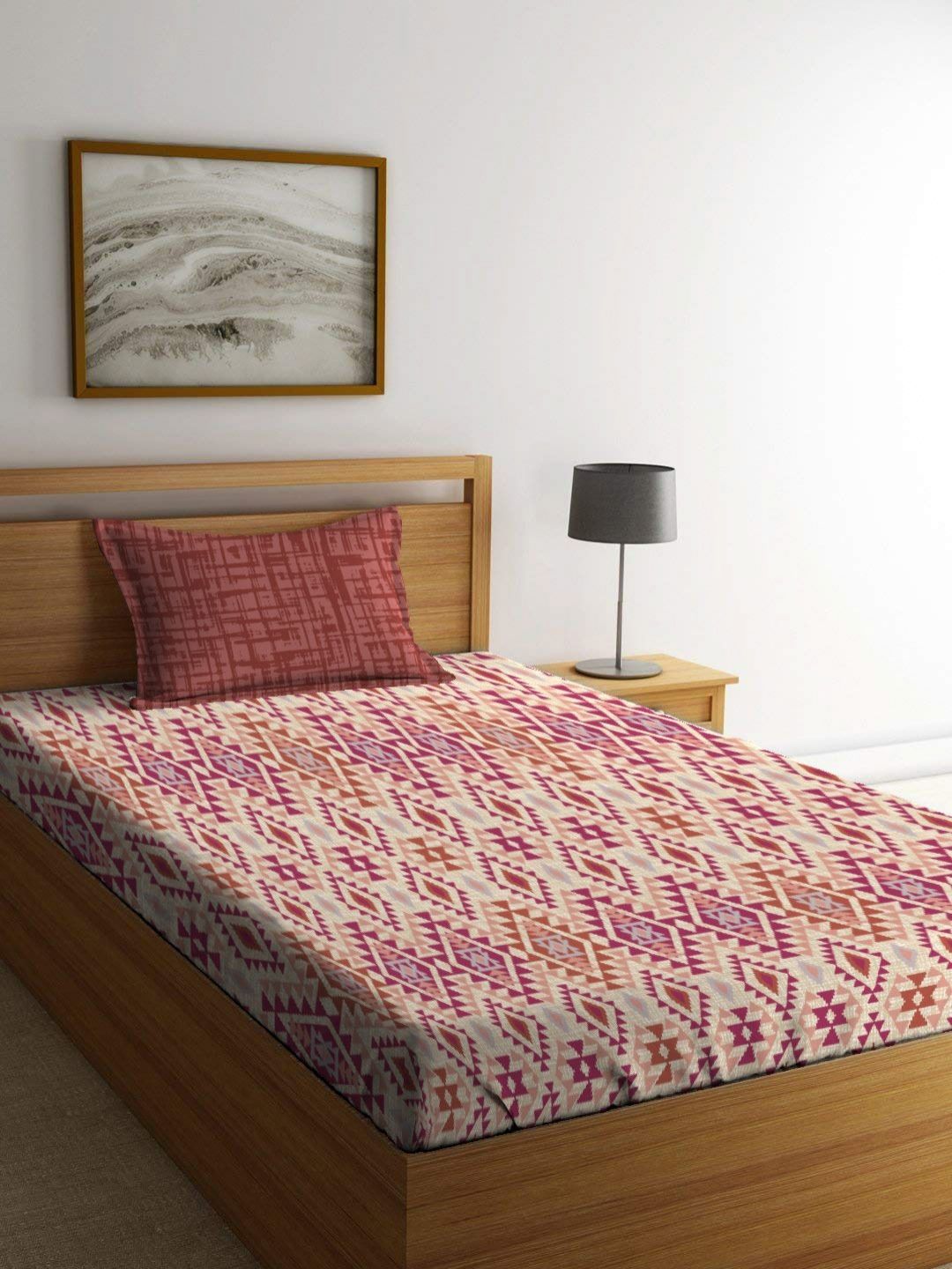 MYTRIDENT MYTRIDENT Urban Comfort Red Printed Pure Cotton 144 TC Single Bedsheet Set 2.28 x 1.52 m
