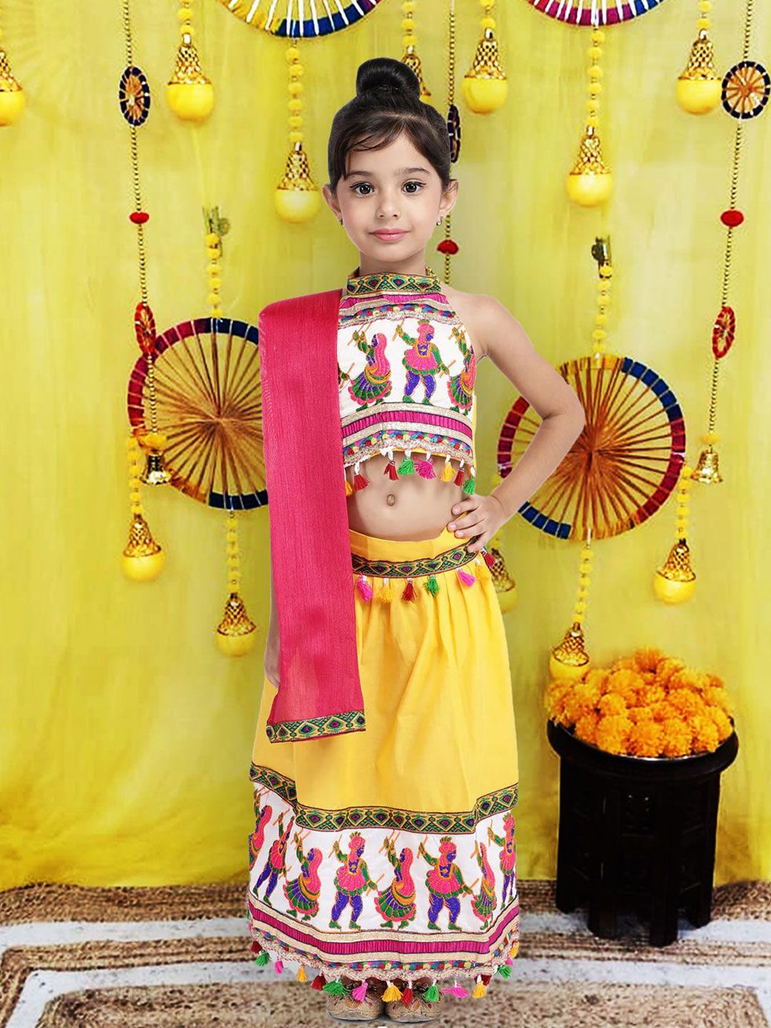 BownBee Girls Thread Work Cotton Lehenga With Choli & Dupatta