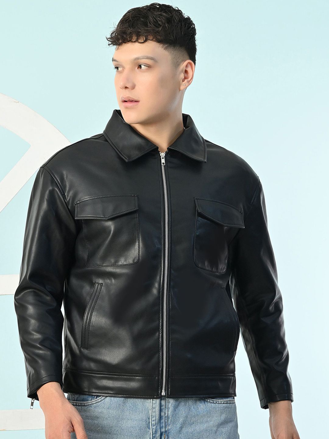 TBOJ Men Spread Collar Solid Water Resistant Leather Jacket