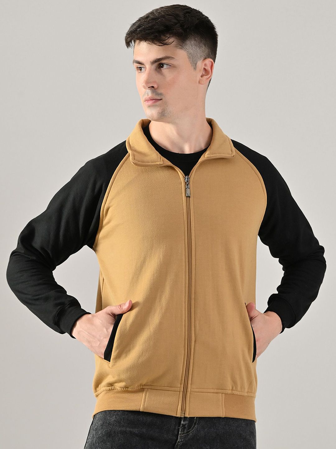 BAESD Men Stand Collar Colourblocked Lightweight Bomber Jacket