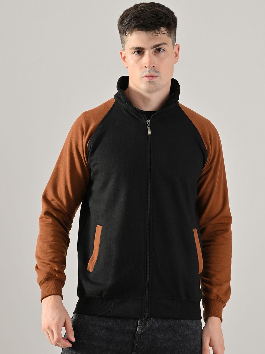 BAESD Men Stand Collar Colourblocked Lightweight Bomber Jacket