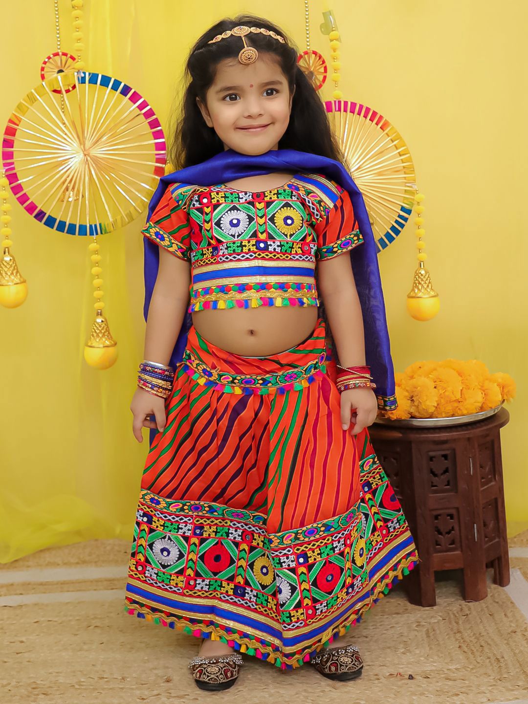 BownBee Girls Thread Work Cotton Lehenga With Choli & Dupatta