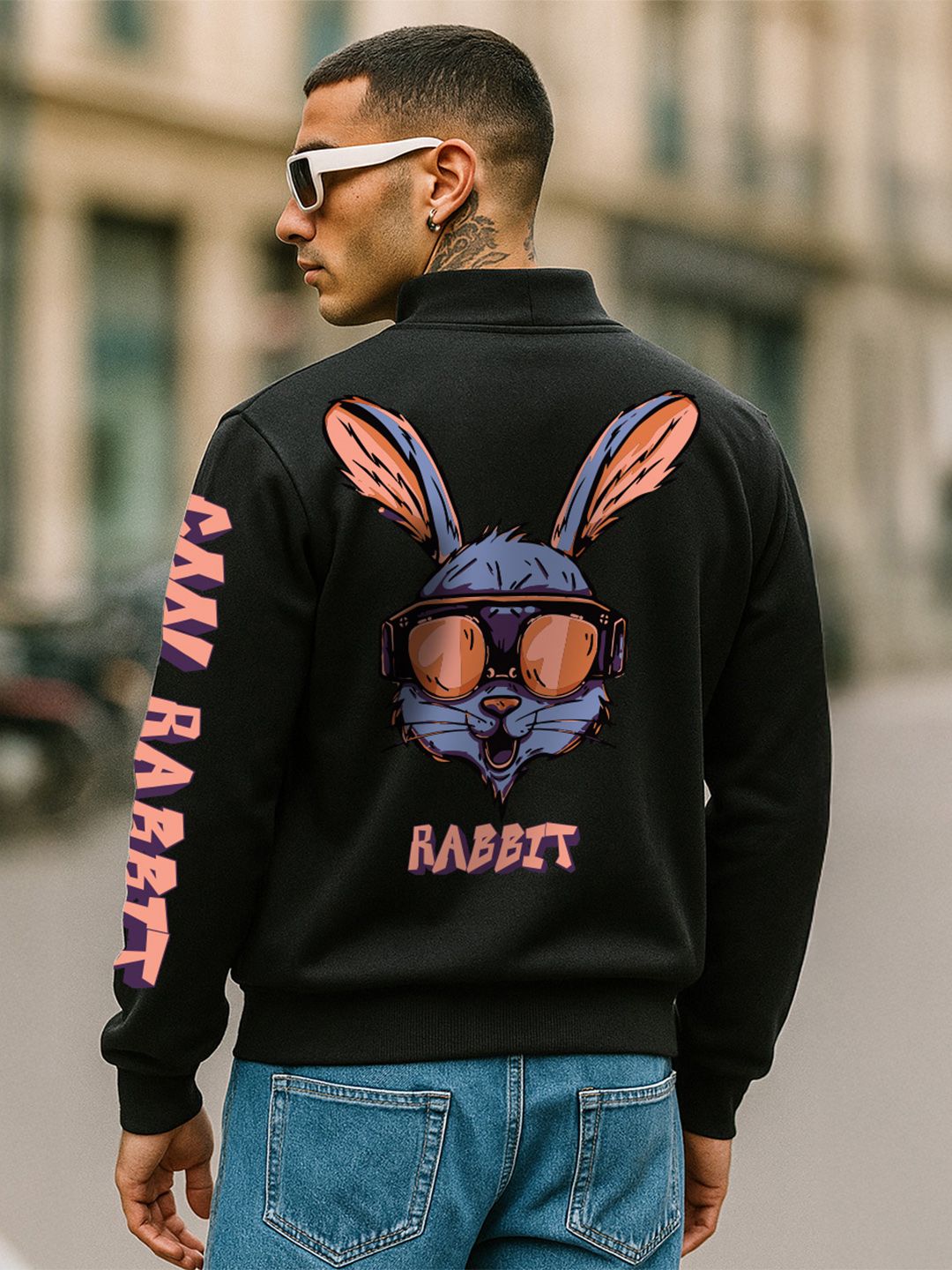 VEIRDO Black Graphic Printed Stand Collar Fleece Bomber Jacket