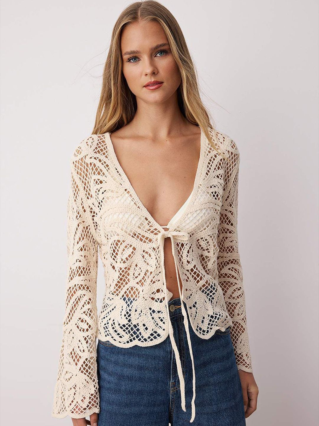 Trendyol Self Design Tie-Up Neck Pure Cotton Shrug